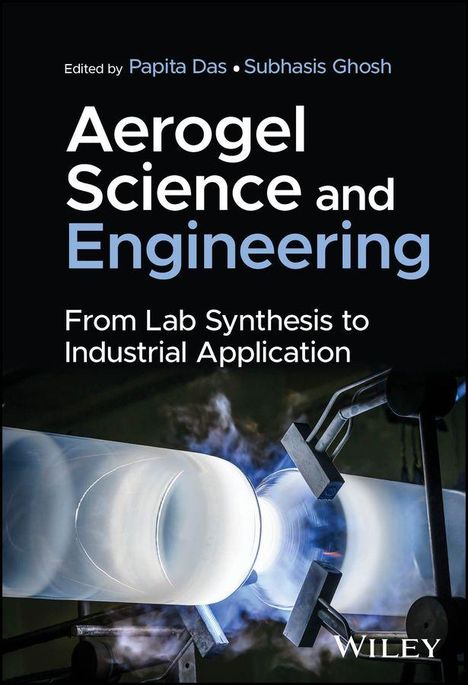 "Aerogel Science and Engineering" Buchcover mit einem leuchtenden aerogelähnlichen Material in einem Laborgerät.