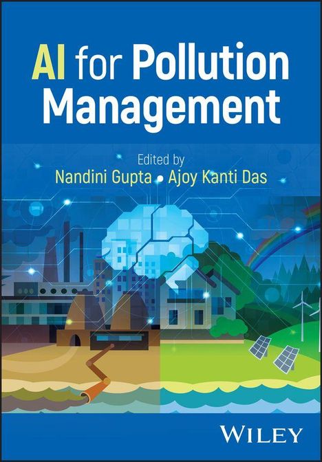 "AI for Pollution Management" oben. Darunter eine Illustration mit Fabrik, Landschaft, Solarpanelen und Windturbine.