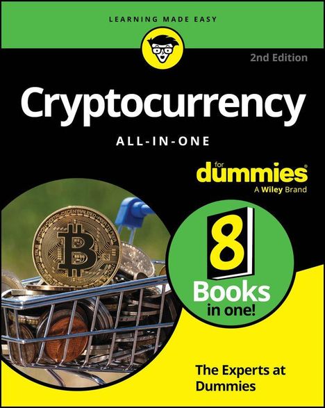 Titel: "Cryptocurrency All-In-One for Dummies". 
Text oben: "LEARNING MADE EASY". 
Unten: "The Experts at Dummies". 
Bild: Bitcoin in einem Einkaufswagen.