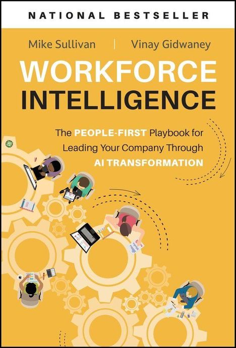 "WORKFORCE INTELLIGENCE" oben, Illustration von Menschen an Tischen auf einem Zahnrad-Hintergrund.