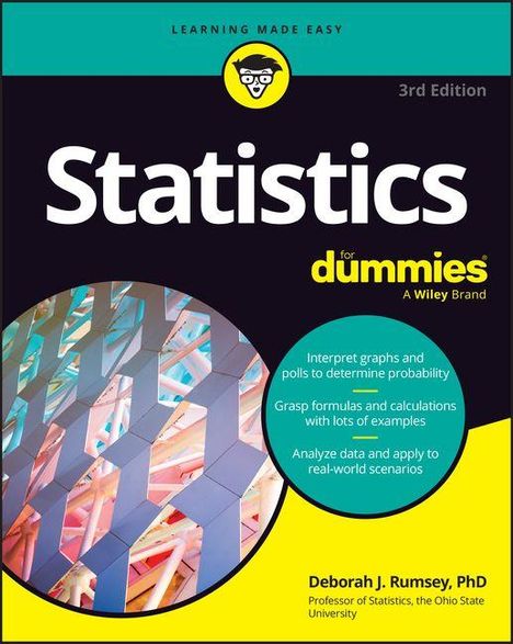 "Statistics for dummies" steht groß im Vordergrund. Modernes geometrisches Muster mit bunten Strukturen im Hintergrund.