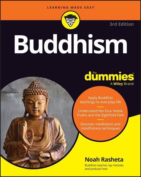 Text: "Buddhism for dummies", "Learning made easy", "Apply Buddhist teachings", "Noah Rasheta". Buddha-Statue links.