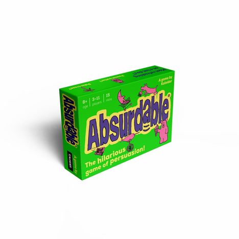 „Absurdable“ hervorhebt, darunter spielerische Illustrationen eines rosa Mondes, Hundes und Narwals. Verspielte Gestaltung.