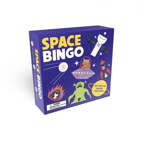 "SPACE BINGO", "ON-THE-GO BINGO FOR KIDS!". Spaßige Weltraumillustration mit Aliens, Raumschiffen und einem Satelliten.