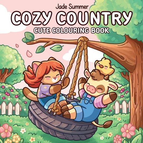 Die Illustration zeigt den Titel "Cozy Country: Cute Coloring Book". Ein Kätzchen und eine Kuh schaukeln auf einer Reifenschaukel.