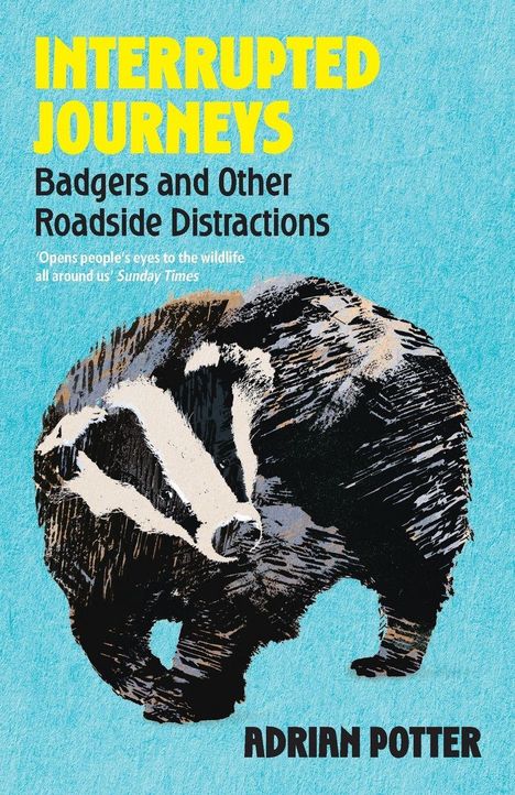 "Interrupted Journeys: Badgers and Other Roadside Distractions" von Adrian Potter. Illustration eines Dachses auf blauem Hintergrund.