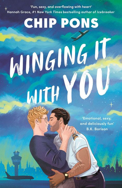 „Chip Pons, Winging It With You“ steht groß. Zwei Männer umarmen sich liebevoll vor einer farbigen Himmelslandschaft und einem Flugzeug.