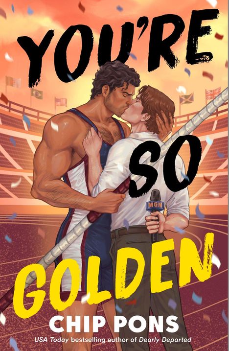 "YOU'RE SO GOLDEN" von Chip Pons. Zwei Männer küssen sich in einem Stadion, einer hält eine Mikrophon mit "MGN".