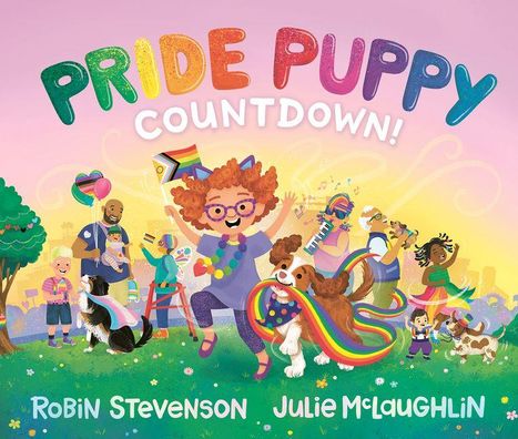 "Pride Puppy Countdown" in bunten Buchstaben. Menschen feiern mit Regenbogenflaggen und einem fröhlichen Hund.