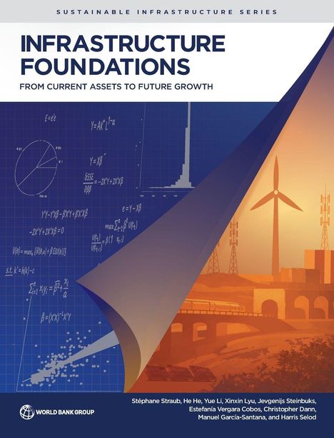 Oben: "Sustainable Infrastructure Series." Titel: "Infrastructure Foundations: From Current Assets to Future Growth." Eine Illustration zeigt technische Zeichnungen und eine Landschaft mit Windrad und Brücke. Unten: "World Bank Group" Logo.