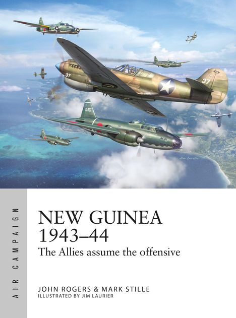 "NEW GUINEA 1943–44 The Allies assume the offensive." Illustration von Kampfflugzeugen am Himmel über Wasser und Inseln.