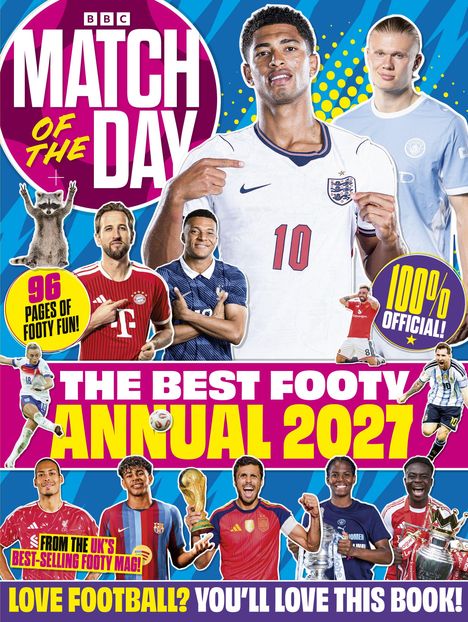 "Match of the Day", "The Best Footy Annual 2027", "Love Football? You'll Love This Book!". Sportler in Fußballtrikots.