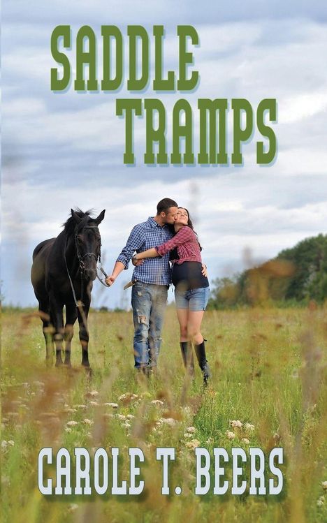 "SADDLE TRAMPS", "CAROLE T. BEERS". Ein Paar mit schwarzem Pferd in einer Wiese, der Mann küsst die Frau.