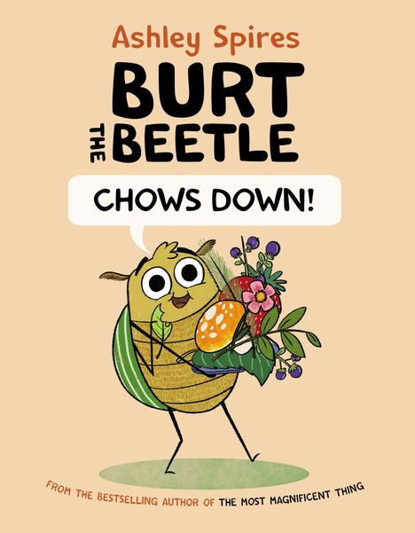 Titel: "Burt the Beetle Chows Down". Illustration: Käfer hält Essen und Blumen.