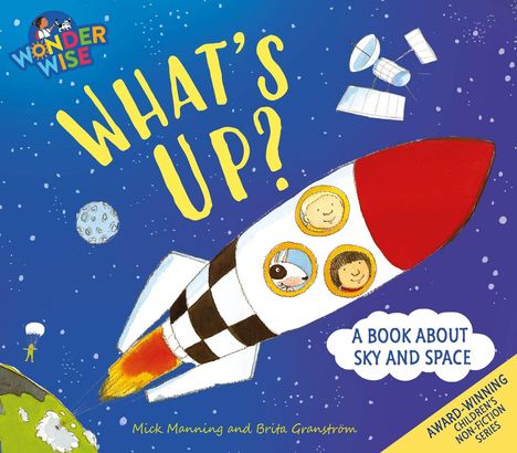 „What’s Up? A Book About Sky and Space“. Illustration: Rakete im Weltraum mit drei Gesichtern in Fenstern.