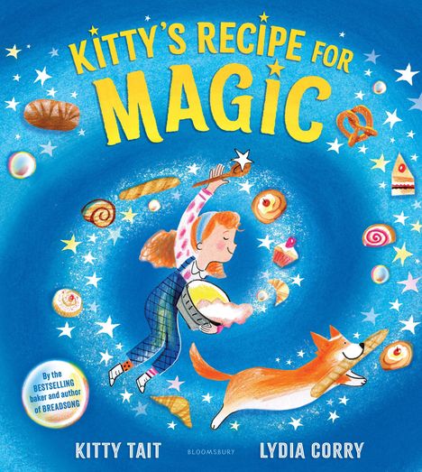 „KITTY'S RECIPE FOR MAGIC“ in gelber Schrift. Illustration: Ein Mädchen mit Schüssel, umgeben von Gebäck und einem Hund.