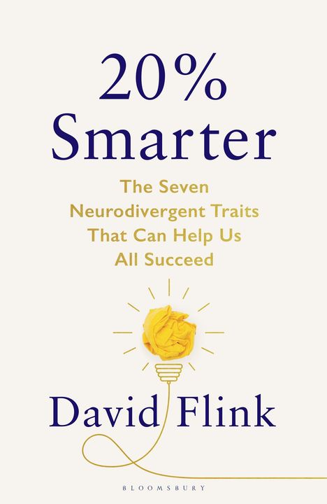 „20% Smarter“ in kräftigem Blau. Unten: „David Flink“. Gelbe Glühbirne mit Papierblüte.