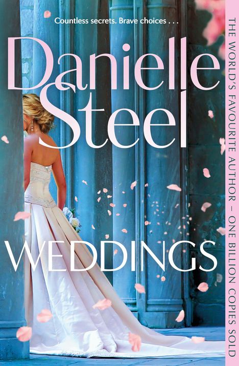 Text: "Danielle Steel WEDDINGS 11/03/2027". Frau mit langen Haaren vor blauem Hintergrund.