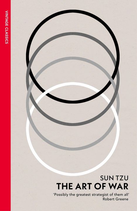 „VINTAGE CLASSICS", „SUN TZU - THE ART OF WAR". Zitat von Robert Greene. Drei überlappende Kreise in verschiedenen Grautönen.