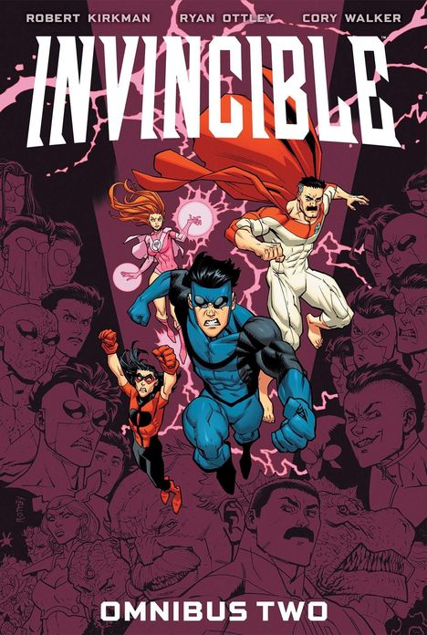 "INVINCIBLE" und "OMNIBUS TWO" stehen im Fokus. Darunter fliegen Superhelden in farbigen Kostümen.