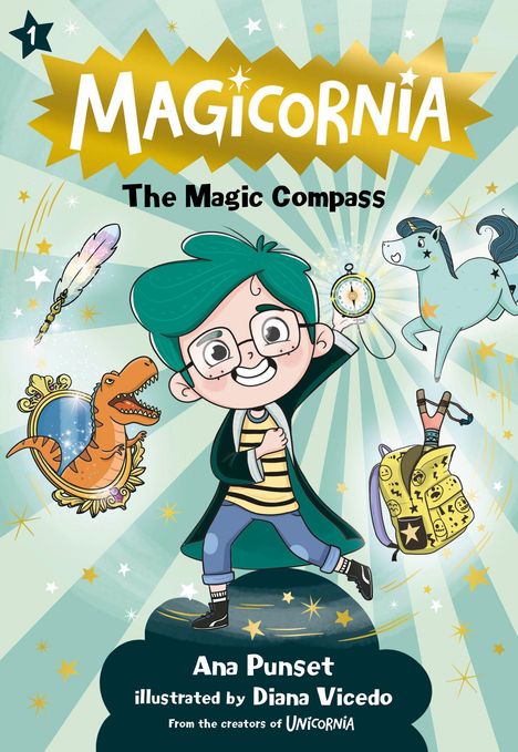 "Magicornia: The Magic Compass" in großen, bunten Buchstaben. Illustration mit einem fröhlichen Kind, Dinosaurier und Einhorn.