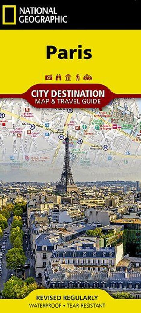 „Paris“, „City Destination Map & Travel Guide“. Im Hintergrund der Eiffelturm, umgeben von Pariser Gebäuden.