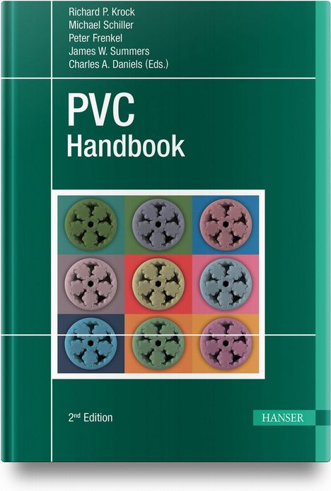 Text: "PVC Handbook", "2nd Edition", Herausgebernamen. Quadrate mit Kreisformen in verschiedenen Farben.