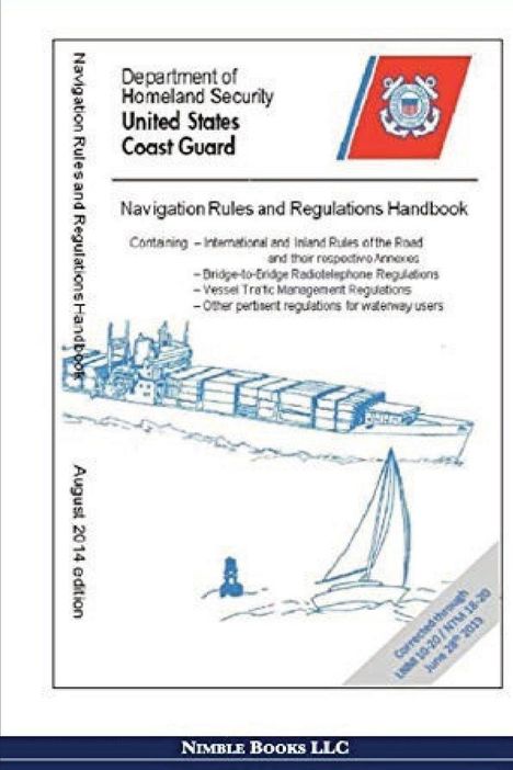 Text: "Department of Homeland Security United States Coast Guard Navigation Rules and Regulations Handbook." Illustration: Ein Schiff und ein Segelboot.