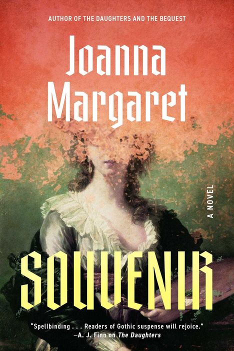 "Joanna Margaret, SOUVENIR. Verwischt porträtiert eine Person mit verschwommenem Kopf in Barockkleidung, dunkelgrüner Hintergrund."