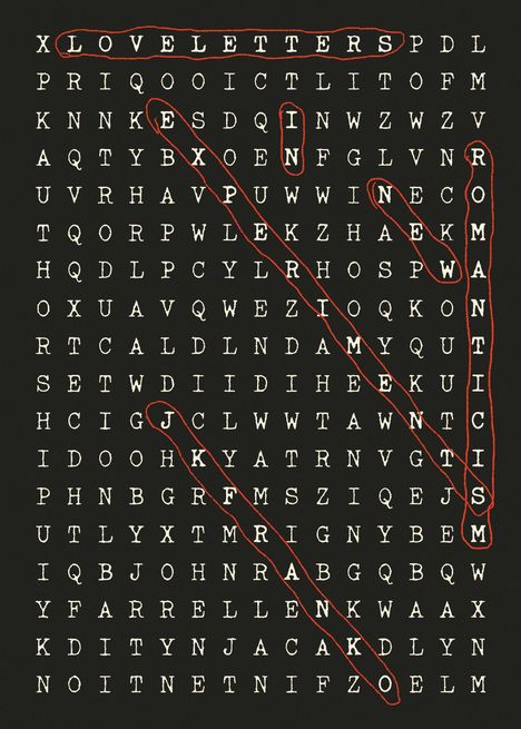 Wörter "LOVELETTERS" und "ROMANTICISM" sind rot umrandet in einem Wortgitter. Buchstaben auf schwarzem Hintergrund.