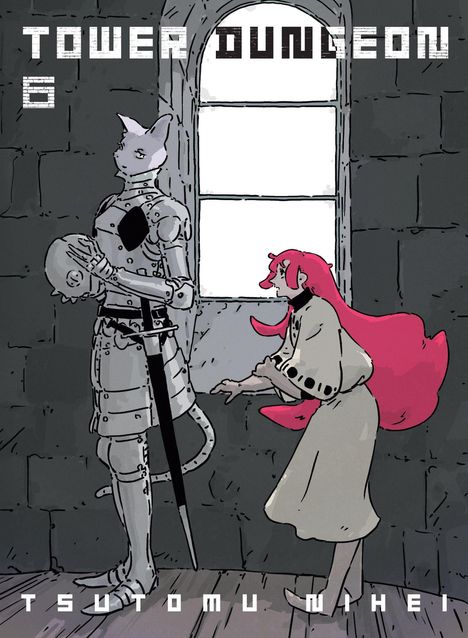 "Tower Dungeon 6, Tsutomu Nihei." Eine Person mit roten Haaren und Figur in Rüstung stehen vor einem hohen Fenster.