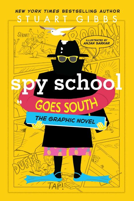 "Spy School Goes South: The Graphic Novel." Ein Agent mit Sonnenbrille und Schwimmflossen vor einer Comic-Collage.