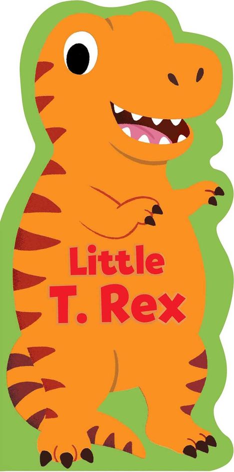 Der Text "Little T. Rex" steht auf der Brust eines lächelnden, orangefarbenen Dinosauriers mit schwarzen Krallen.