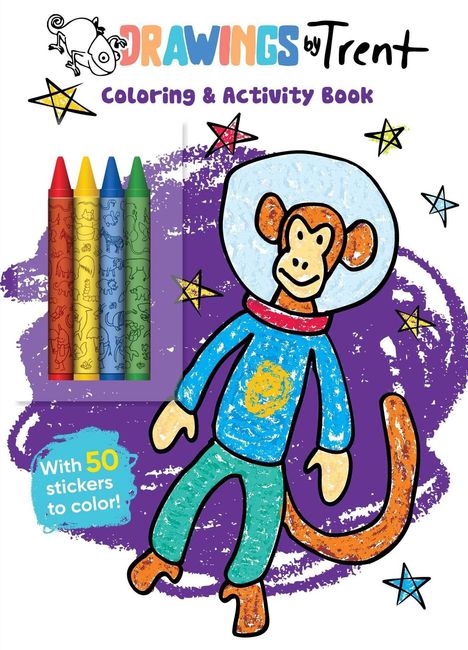 "Drawings by Trent", "Coloring & Activity Book", "With 50 stickers to color". Zeichnung eines Affen in einem Raumanzug.