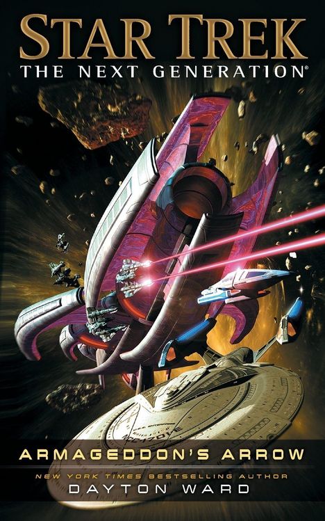 „Star Trek: The Next Generation – Armageddon's Arrow“ von Dayton Ward. Illustration eines Raumschiffs im All.