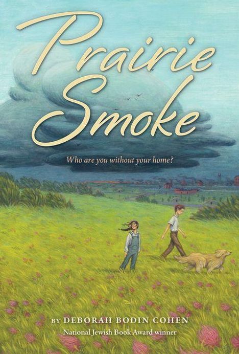 „Prairie Smoke. Who are you without your home?“ Darstellung einer grünen Wiese mit einem Mädchen, Jungen und Hund.