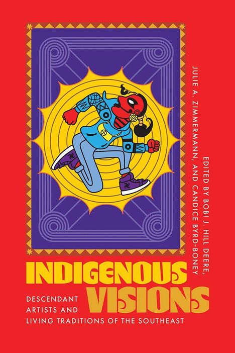 "INDIGENOUS VISIONS" ist der Titel in großen gelben Buchstaben. Eine Illustration zeigt eine bunte, dynamische Figur.