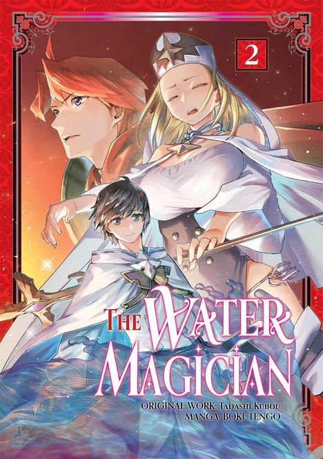 "The Water Magician", Band 2. Drei Figuren in fantasievoller Kleidung, zwei im Hintergrund, eine vorne mit Stab und blauen Umhängen.