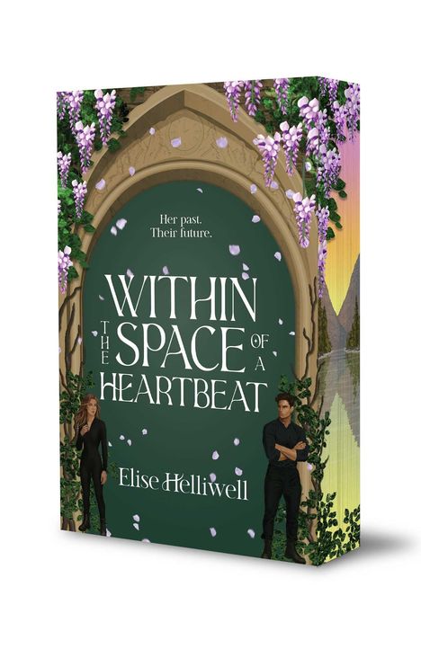 Text: "Her past. Their future. WITHIN THE SPACE OF A HEARTBEAT. Elise Helliwell." Zwei Personen, lila Blüten, Bogen.