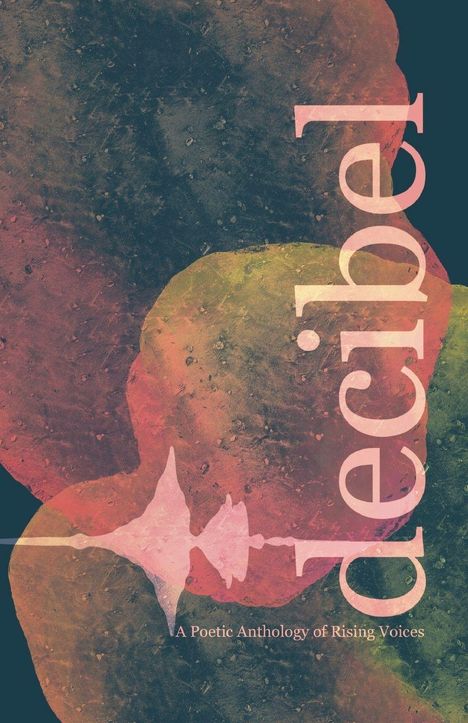 Text: "decibel" vertikal, "A Poetic Anthology of Rising Voices". Bunte, abstrakte Hintergrundgestaltung mit Klangwellenmotiv.