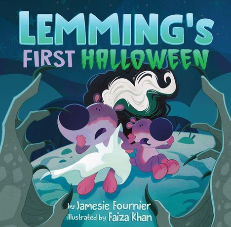 „LEMMING'S FIRST HALLOWEEN“, Illustration von zwei erschrockenen Lemmingen vor einem gruseligen Hintergrund.