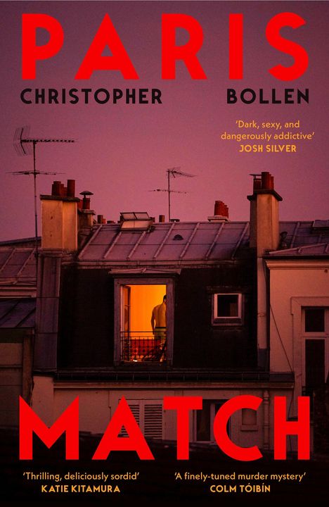 "PARIS MATCH" oben und unten in Rot, "CHRISTOPHER BOLLEN" dazwischen. Dazwischen Dach mit abendlicher Skyline und erleuchtetem Fenster.