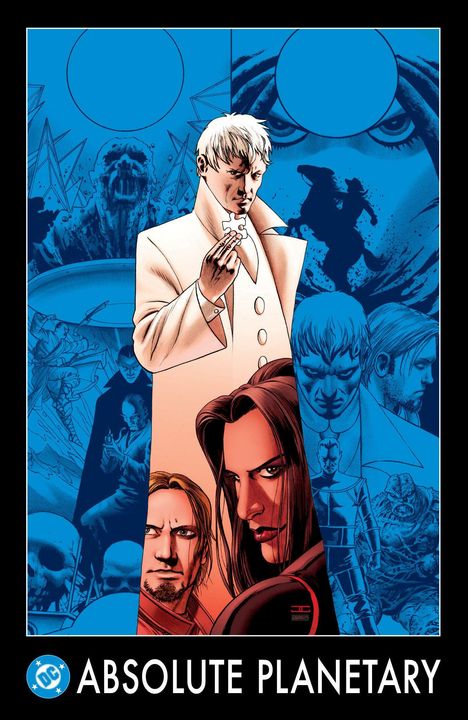„ABSOLUTE PLANETARY“, DC-Logo. Illustration: Drei Personen im Vordergrund, eine in Weiß, zwei in Rot, blauer Hintergrund.
