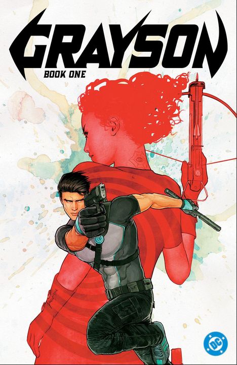 „GRAYSON BOOK ONE“. Illustrative Collage: Ein Mann in Actionpose, zielt mit einer Waffe. Roter Frauenumriss im Hintergrund.