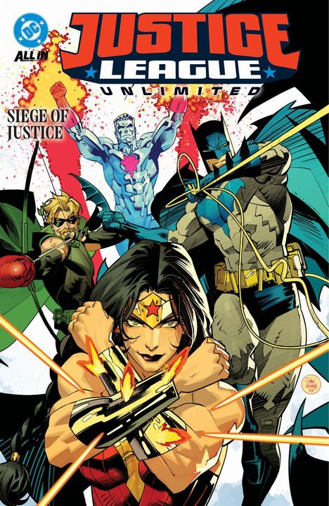 „JUSTICE LEAGUE UNLIMITED“ und „SIEGE OF JUSTICE“. Heldengruppe in kraftvollen Posen vor einem dynamischen Hintergrund.