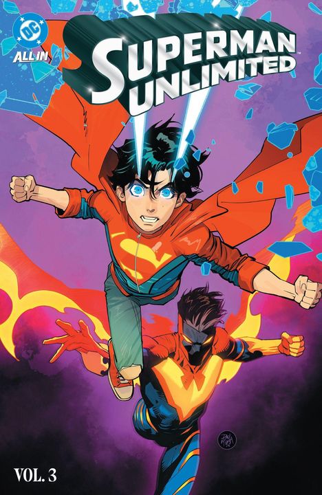 „Superman Unlimited Vol. 3“; Illustration: Zwei Gestalten fliegen, eine mit leuchtenden Augen und rotem Cape.