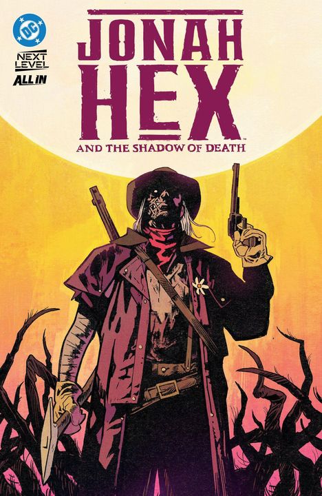 "JONAH HEX AND THE SHADOW OF DEATH." Western-Illustration: Ein Cowboy mit Revolvern vor rotem Himmel.