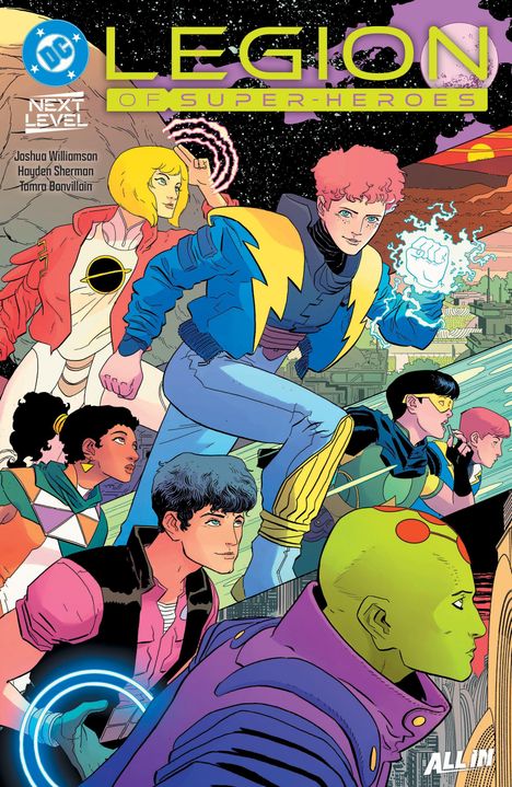 "LEGION OF SUPER-HEROES", bunte Charaktere in einer futuristischen Stadt, ein Logo oben links.