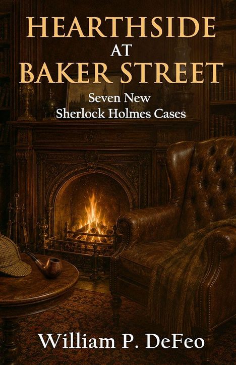 „HEARTHSIDE AT BAKER STREET“, sieben neue Sherlock Holmes Fälle von William P. DeFeo. Eine gemütliche Bibliothek mit Kamin.