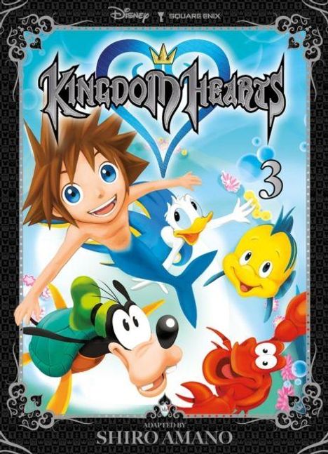 "Kingdom Hearts 3, adaptiert von Shiro Amano." Comicfiguren tauchen fröhlich im Wasser, darunter ein Junge und bekannte Charaktere.